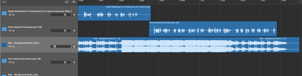 Image of podcast audio files being edited in garageband - Content Raj. Copyright © 2024 Yersong Digital Private Limited