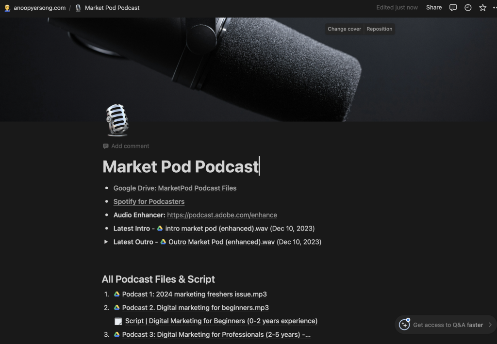 Notion page of Market Pod podcast showing documentation of the process - Content Raj. Copyright © 2024 Yersong Digital Private Limited